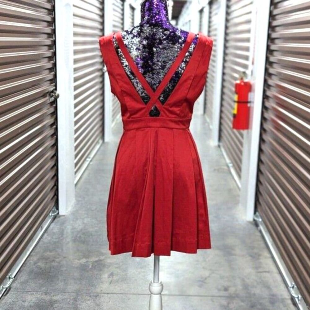 VTG Minuet Romantic Red Satin Fit & Flare Mini Dress Criss Cross Back Romantic
